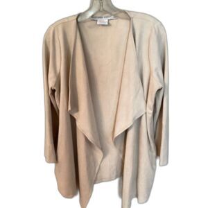 GRETCHEN SCOTT SIZE LARGE TAN WATERFALL FAUX SUEDE OPEN FRONT CARDIGAN